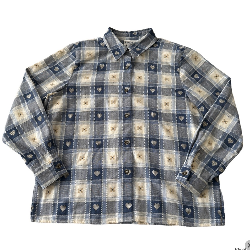 Alfred Dunner women’s Blue & Cream Plaid Shirt Heart Flower Accents 12P